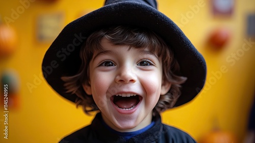 Cute boy in wizard costume celebrating during a Halloween pumpkin party. 