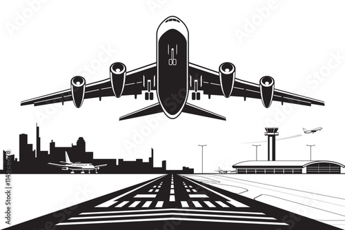 Passenger plane taking off from runway at  city airport – vector illustration
