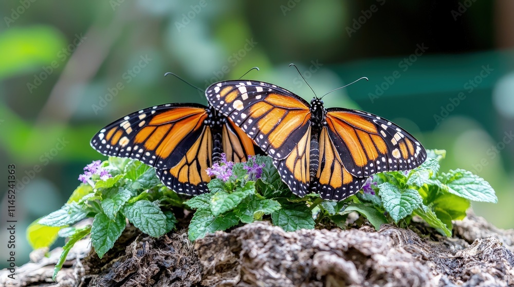 Two monarch butterflies on purple flowers. Two monarch butterflies on purple flowers.