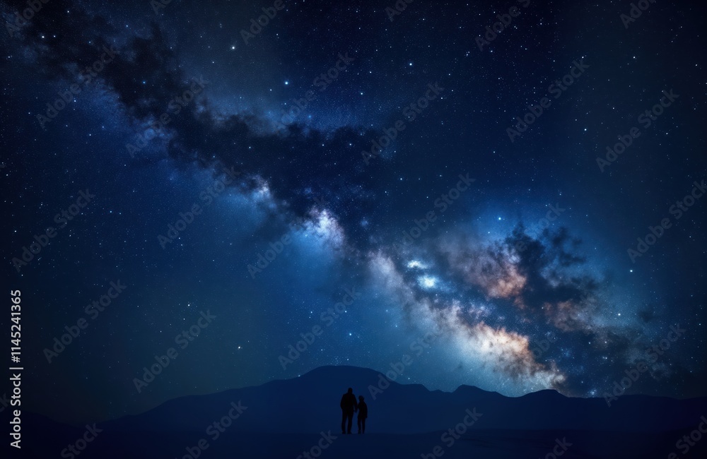 Couple stand under starry night sky. Milky way galaxy fills dark blue night sky. Silhouette people admire space. Dark mountains are on background. Night landscape. Majestic view. Couple stand under starry night sky. Milky way galaxy fills dark blue night sky. Silhouette people admire space. Dark mountains are on background. Night landscape. Majestic view.