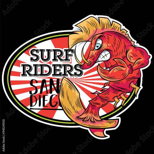 Lobster design with a high hairstyle and surfer style, with large tongs and a board to tame the big waves, design with vacation texts and beaches from different coasts.