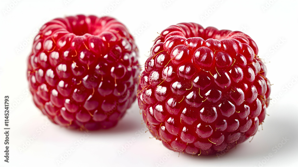 Close-up of Two Ripe Raspberries on White Background, Vivid Red Color, Detailed Texture Close-up of Two Ripe Raspberries on White Background, Vivid Red Color, Detailed Texture