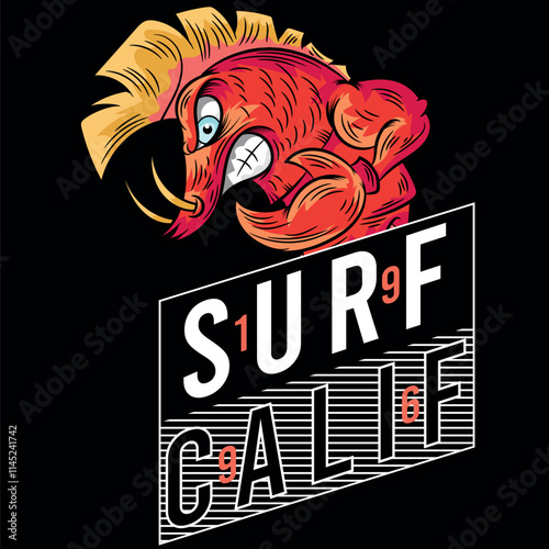 Lobster design with a high hairstyle and surfer style, with large tongs and a board to tame the big waves, design with vacation texts and beaches from different coasts.