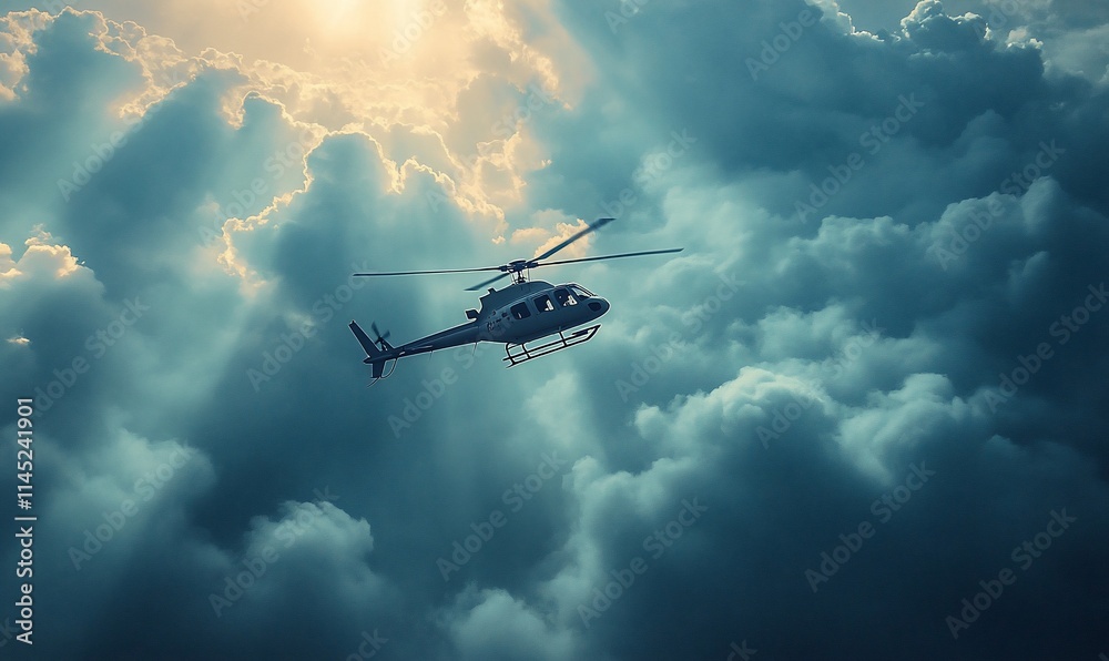 A helicopter flying through dramatic clouds with rays of sunlight breaking through. A helicopter flying through dramatic clouds with rays of sunlight breaking through.
