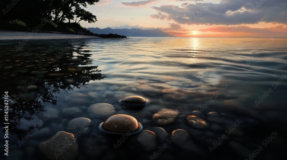 Obraz premium Calm waters reflect a stunning sunset behind mountains at a serene lakeside location