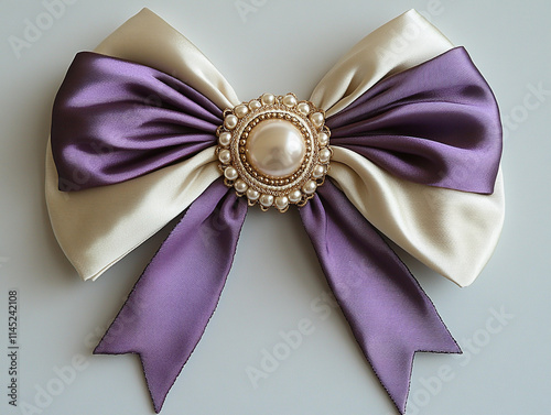 Decorative purple and cream bow with pearl embellishment for craft projects and fashion accessories