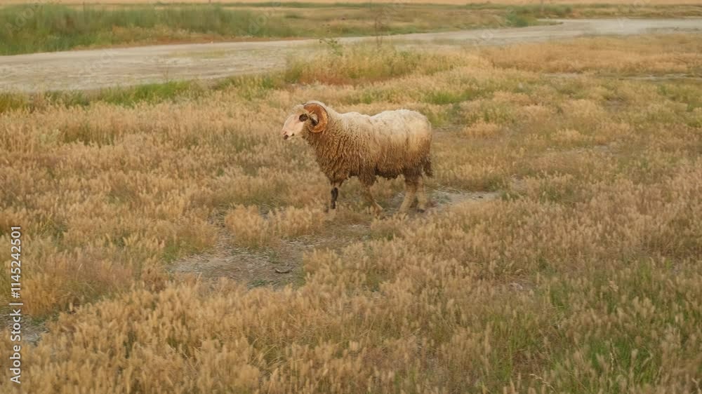 Ram strolling gracefully through a lush field. Ram with large horns walks through a field, surrounded by other sheep in the background. The scene captures the essence of rural life and of nature Ram strolling gracefully through a lush field. Ram with large horns walks through a field, surrounded by other sheep in the background. The scene captures the essence of rural life and of nature