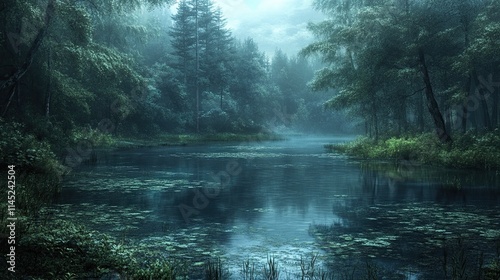 Enigmatic Forest Pond: A Serene Landscape. --