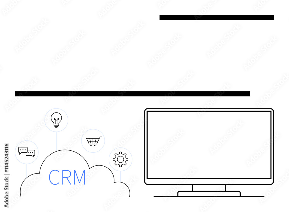Desktop monitor beside cloud labeled CRM with icons representing communication, shopping, ideas, and settings. Ideal for CRM systems, e-commerce, communication tools, innovation, IT support business