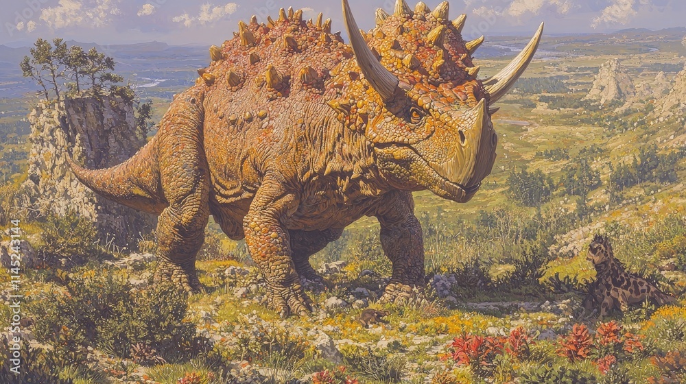 Obraz premium A giant horned dinosaur stands majestically in a rocky prehistoric valley under a cloudy sky in a detailed fantasy painting.