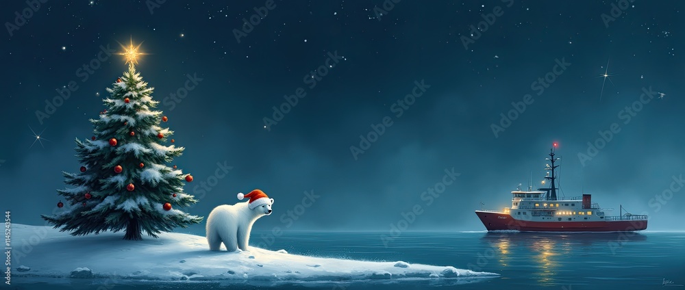Christmas card with Christmas tree on an island with a research vessel, dark sky with stars. Small Happy Polar bear with Santa hat on the island looking towards the ship. Christmas card with Christmas tree on an island with a research vessel, dark sky with stars. Small Happy Polar bear with Santa hat on the island looking towards the ship.