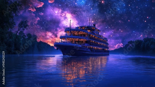 Barco en un río bajo un cielo estrellado