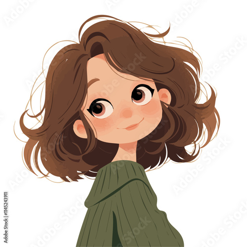 Curly Side Swept Hairstyle – Elegant and Voluminous Curly Hairstyle with Side Swept Look, Trendy Women’s Haircut, Glamorous and Chic Hair Vector Illustration

