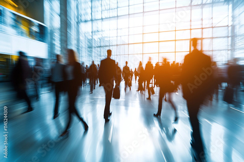 Businesspeople crowd fastmoving in an office lobby background with motion blur