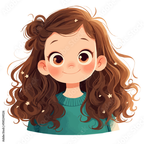 Curly Side Swept Hairstyle – Elegant and Voluminous Curly Hairstyle with Side Swept Look, Trendy Women’s Haircut, Glamorous and Chic Hair Vector Illustration

