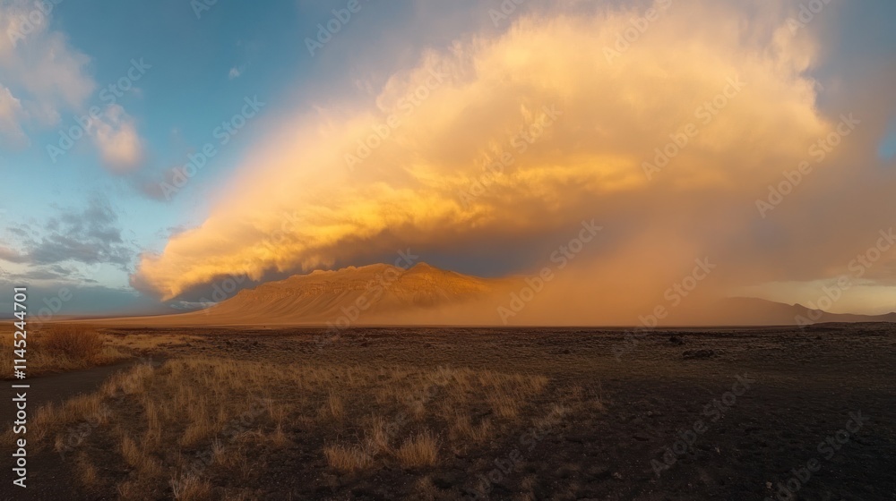 A dramatic landscape featuring a mountain under a vibrant, cloud-filled sky at sunset. A dramatic landscape featuring a mountain under a vibrant, cloud-filled sky at sunset.