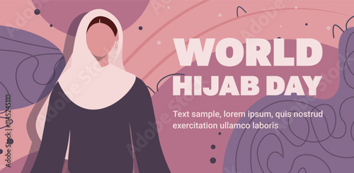  World Hijab Day. Portrait of young Muslim woman in traditional hijab on abstract geometric pink and purple background. Vector illustration. Not created by artificial intelligence