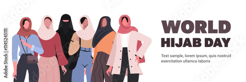  World Hijab Day is an annual event  taking place on 1 February each year. Group of young Muslim women in traditional hijabs. Vector illustration. Not AI generated