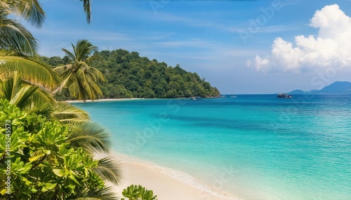 Breathtaking Tropical Island Beach Wallpaper Experience the serene beauty of a sunkissed tropical paradise with crystalclear waters, swaying palm trees, and soft sandy shores that inspire relaxation. photo