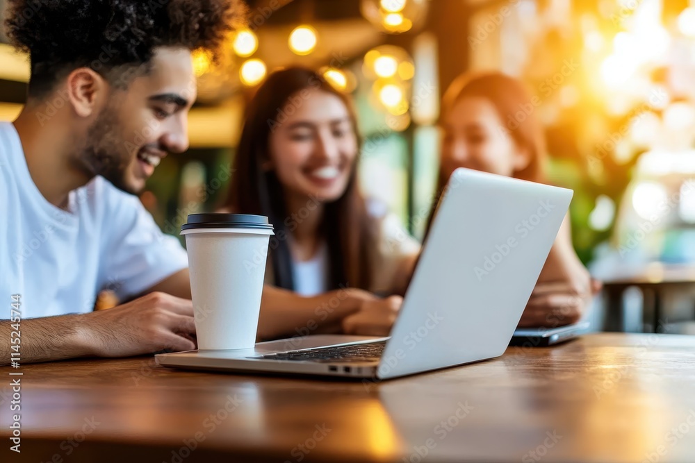 A diverse group of friends enjoy a lively conversation over coffee while working on their laptops in a stylish, warmly lit coffee shop, sharing happiness and productivity. A diverse group of friends enjoy a lively conversation over coffee while working on their laptops in a stylish, warmly lit coffee shop, sharing happiness and productivity.