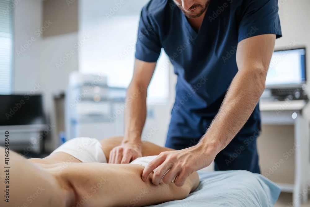 A professional physiotherapist provides specialized care to a client, focusing on rehabilitating a lower limb injury with dedication and advanced techniques. A professional physiotherapist provides specialized care to a client, focusing on rehabilitating a lower limb injury with dedication and advanced techniques.