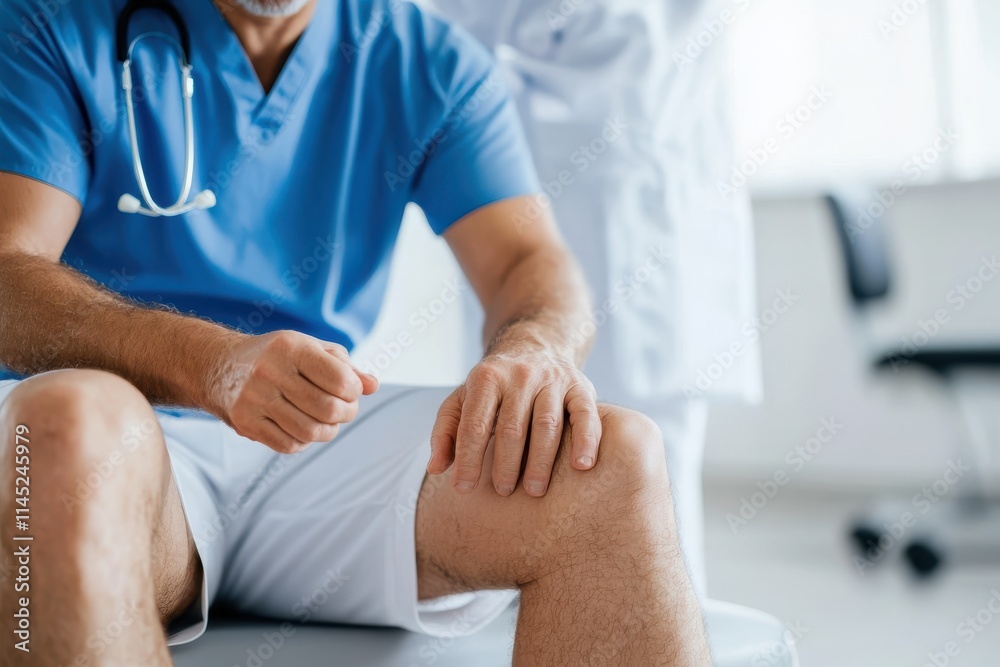 A healthcare provider wearing a stethoscope performs a knee examination on a patient, indicating a focus on joint health and mobility in a medical or therapeutic context. A healthcare provider wearing a stethoscope performs a knee examination on a patient, indicating a focus on joint health and mobility in a medical or therapeutic context.