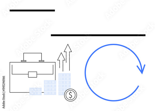 Briefcase beside stacked coins and dollar sign, two upward arrows. Large blue circular arrow on the right. Ideal for business strategy, economics, investment, growth, financial planning, progress