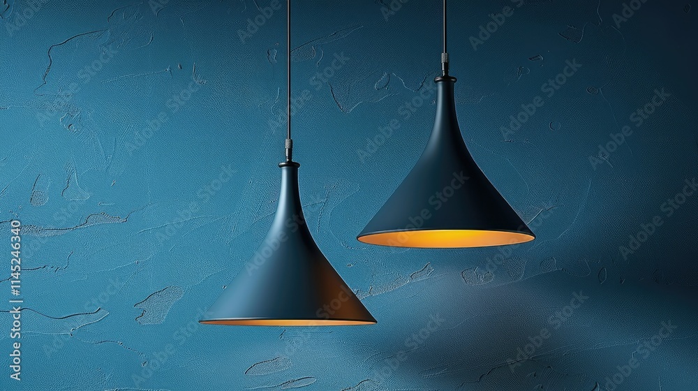Fototapeta premium Two modern pendant lamps hanging against a textured blue wall, casting warm light.