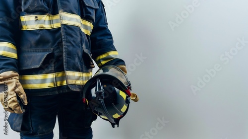 American fireman standing his uniform white background holding his fire service personnel helmet symbolizing his commitment communitys safety The uniforms details reflect the honor of his profession photo