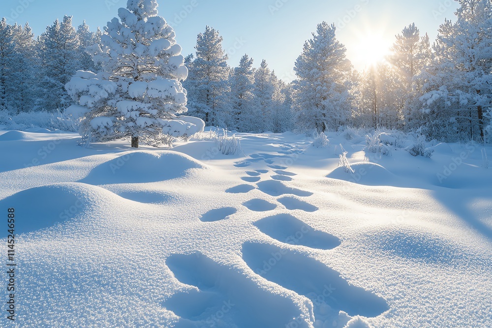 Snow-covered forest landscape with sunlight shining through, featuring footprints leading into the serene winter scenery Snow-covered forest landscape with sunlight shining through, featuring footprints leading into the serene winter scenery
