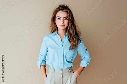 Full length portrait of a beautiful girl in her 25s wearing a light blue blouse and beige trousers in casual style, standing on a light brown solid background photo