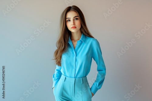 Full length portrait of a beautiful girl in her 20s wearing a light blue blouse and light blue trousers in casual style, standing against a light solid color background