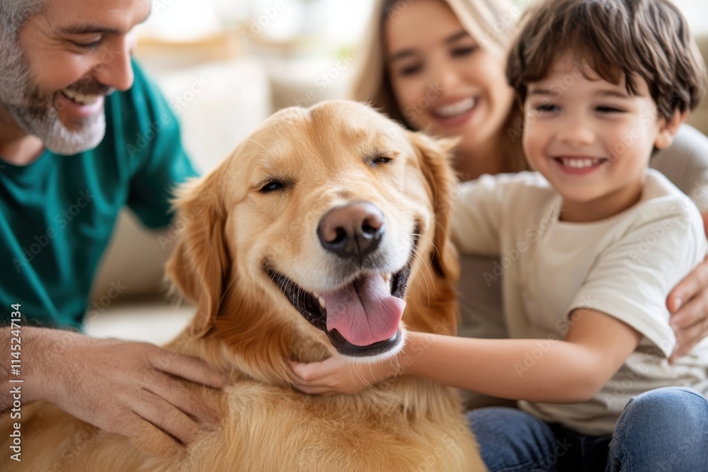 A golden retriever enjoys the company of a family, including parents and child, in a relaxed home setting, embodying the essence of comfort and familial joy. A golden retriever enjoys the company of a family, including parents and child, in a relaxed home setting, embodying the essence of comfort and familial joy.