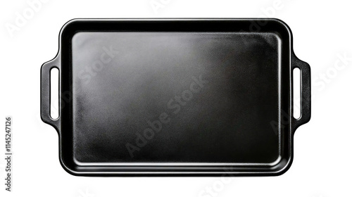 Black non-stick baking tray with a durable textured surface and ergonomic side handles, perfect for grilling and baking display projects. 