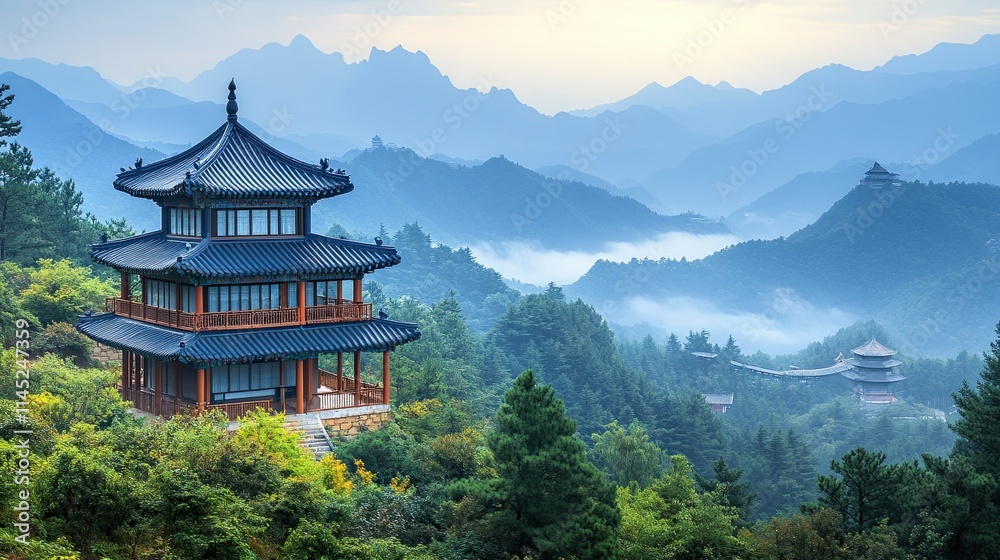 Serene Landscape: Mountain Temple and Tranquil View. - Serene Landscape: Mountain Temple and Tranquil View. -