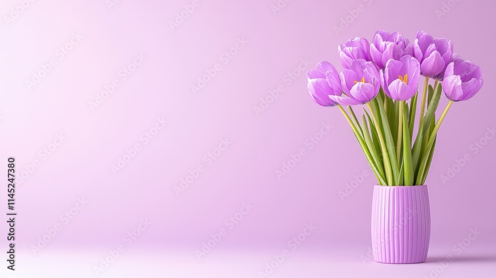 Purple tulips in a pastel pink vase against a lilac background. Purple tulips in a pastel pink vase against a lilac background.