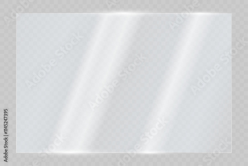 Realistic reflection on a transparent glass with sunlight glare. The texture of rectangle glass with blue tint.