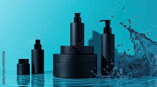 Sleek black bottles and jars against a neon blue background with abstract water features, emphasizing contemporary luxury. -