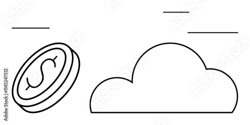 Dollar coin with the letter S floating next to a simple cloud outline, suggesting online savings. Ideal for finance apps, fintech, cloud storage, digital commerce, banking, investment, and technology