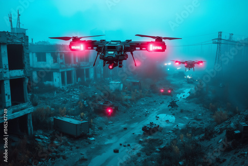 Futuristic drones survey a desolate urban battlefield under a haze of blue mist during a twilight hour photo