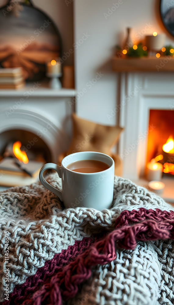 Mug with hot tea standing on a chair with woolen blanket in a cozy living room with fireplace, Dreamy. isolated with white highlights Mug with hot tea standing on a chair with woolen blanket in a cozy living room with fireplace, Dreamy. isolated with white highlights