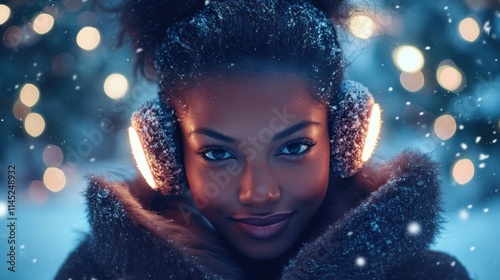 Mujer con auriculares en invierno photo