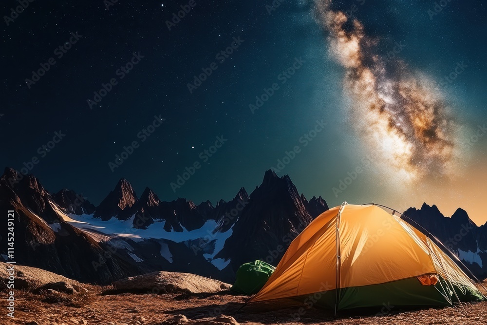 A vibrant yellow tent sits atop a rocky terrain under the starry night sky, with the Milky Way visible, against a backdrop of jagged mountain peaks and snow patches. A vibrant yellow tent sits atop a rocky terrain under the starry night sky, with the Milky Way visible, against a backdrop of jagged mountain peaks and snow patches.