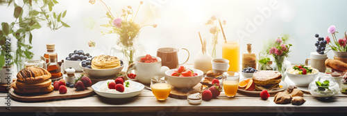 Rustic Sunday Brunch Spread: Assortment of Baked Goods, Avocado Toasts, Fresh Fruit, and Coffee