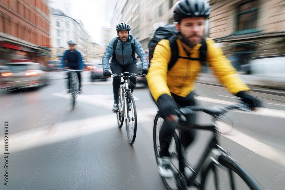 A group of cyclists in helmets and gear are racing through a bustling city street, showcasing vitality and urban transport on clean, paved roads amidst moving traffic. A group of cyclists in helmets and gear are racing through a bustling city street, showcasing vitality and urban transport on clean, paved roads amidst moving traffic.