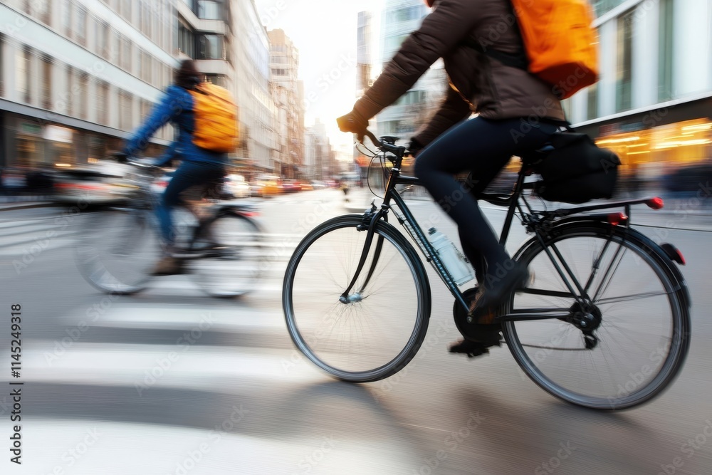 Obraz premium Two cyclists, one in blue and one in brown, navigate through a city intersection on their bicycles, reflecting the modern urban lifestyle and eco-friendly commuting.
