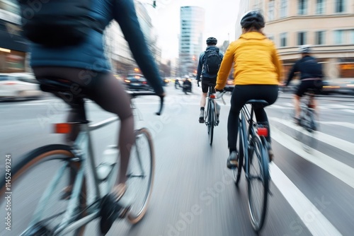 A dynamic view of multiple cyclists clad in vibrant jackets cycling swiftly through a busy city, symbolizing teamwork, exercise, and an eco-conscious lifestyle choice. photo