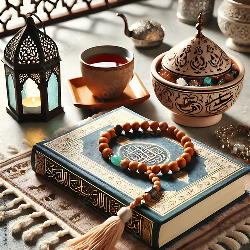 Rehal with Koran and prayer beads for Ramadan on light background
 photo