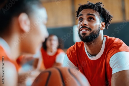 A close-up image of a basketball player in an orange jersey attentively listening to advice on the court, exhibiting teamwork and strategic thinking in a competitive setting. photo