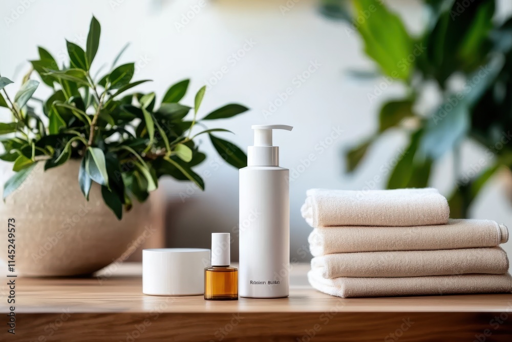 A collection of skincare products next to a stack of towels and green plants, arranged on a wooden surface in a sunlit room, highlighting natural beauty and care. A collection of skincare products next to a stack of towels and green plants, arranged on a wooden surface in a sunlit room, highlighting natural beauty and care.